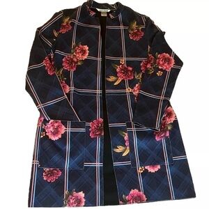 Mid length stretch floral and plaid blazer jacket